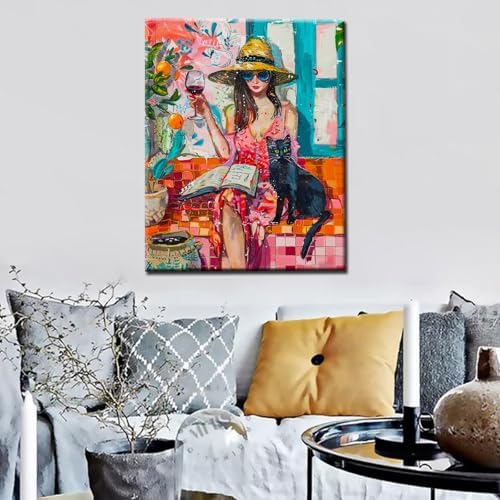 Aihonmin Girl with Black Kitten Paint by Numbers Kits for Adult Boho Style Paint by Numbers Vintage Painting Kits on Canvas Drawing with Brushes Decor Decorations Gifts Without Framed 16''W x 20''H - Image 4