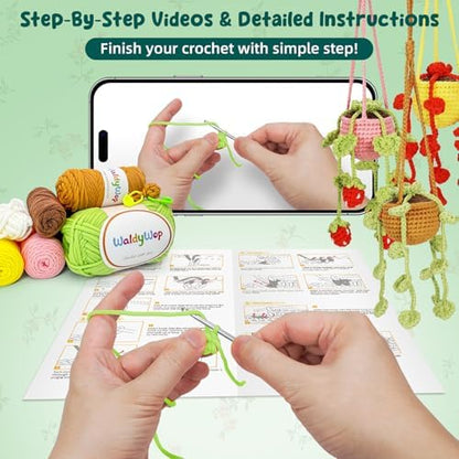 WaldyWop Crochet Kit for Beginners: 3 PCS Hanging Potted Crochet Plants Kits for Adults Kids 8-12 - Easy Video Tutorials & Printed Instructions & 40% Extra Yarn - DIY Birthday Gift Set for Girls Women - Image 4