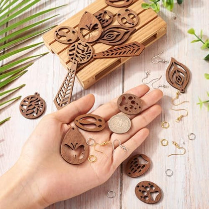 Elecrelive 8 Pairs Wooden Charms for Earring Making, Coconut Brown Wood Earring Pendants Paw Print Oval Teardrop Wood Earrings Blank Wooden Dangle Earring Making Kit with Earring Hooks - Image 6