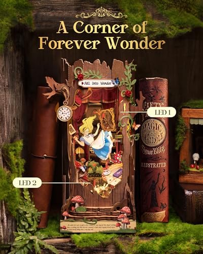 Rolife Book Nook Kit Fall into Wonder 3D Wooden Puzzles 9.9" Wonderland Booknooks DIY Miniature Kit with LEDs Fairy Tale Bookshelf Decor Craft for Adults Gift for Mom Women Men - Image 2