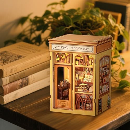 Cutefun Book Nook Kit - DIY Miniature Dollhouse Kit 3D Creative Decorative Bookend 3D Wooden Puzzle for Adults, Bookshelf Insert Library Decor with LED Light (Cooking Bookstore) - Image 2