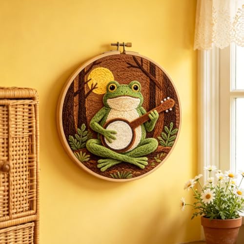 INFUNLY Forest Frog Punch Needle Kits 8.27 Inch Round Frog Playing Banjo Needle Punch Craft Kit with Hoop Tools Yarns Instruction for Folk Music Lovers DIY Home Decor - Image 6