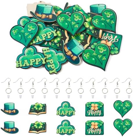 EEE ELECRELIVE 20Pcs St. Patrick's Day Earring Set Green Shamrock Charms Wood Dangle Earrings Bulk Green Leaf Wooden Pendants Shamrock Charms with Earring Hooks for Women Jewelry - Image 7