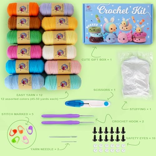 Crochetta Crochet Kit for Beginners Adults - Complete Starter Set with Crochet Hooks, Scissors, Stitch Markers + 12-Colored Yarn 45-50 Yards (20g) per Color - Image 7