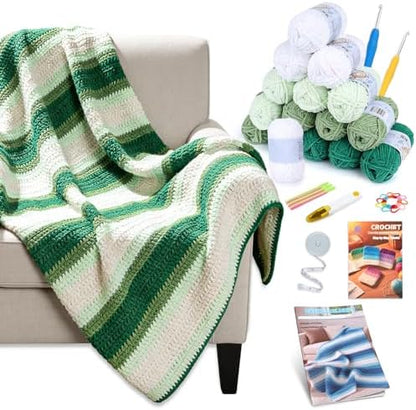 Reessy Crochet Blanket Kit for Adult Beginners, Green Ombre Chenille Yarn by Reessy
