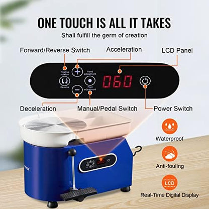 VEVOR 11in Pottery Wheel for Adults Beginners, 450W Ceramic Wheel Forming Machine With LCD Touch Screen, Adjustable 60-300RPM Speed Handle and Foot Pedal Control, 32PCS Accessory Tools Kit, Craft Gift - Image 4