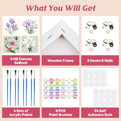 Flowers Paint by Number for Adults Beginners and Kids, 4 Pack DIY Adult Paint by Number Kits on Canvas Framed, Color by Numbers Acrylic Oil Painting Number Kits Crafts for Home Wall Decor 8x8inch - Image 3