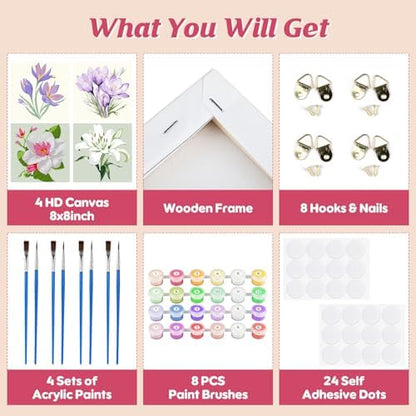 Flowers Paint by Number for Adults Beginners and Kids, 4 Pack DIY Adult Paint by Number Kits on Canvas Framed, Color by Numbers Acrylic Oil Painting Number Kits Crafts for Home Wall Decor 8x8inch - Image 3
