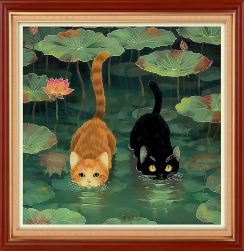 Joyhoor Cross Stitch Kits for Beginners Stamped Cross-Stitch Supplies Needlework preprint Embroidery Kits for Adults DIY Needlepoint Kit Embroidery Patterns 11CT-Cat Pond Fishing 18×18 inch by JoyhoorCrossStitchKits