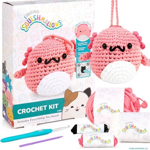 Original Squishmallows™ Crochet Kit – Archie Bag Charm, Axolotl Crochet Kit for Beginners with Yarn, Starter Hooks, Step-by-Step Tutorials, DIY Craft, Great Teen Gifts by HorizonGroupUSA