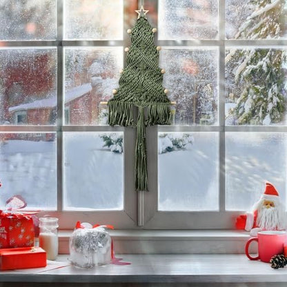 Christmas Tree Macrame Wall Hanging Decor 9.84 × 22.8inch Xmas Tree Shape Boho Tapestry with Rustic Bead and Star Tree Topper Hand-Woven Crafts for Holiday Winter Decoration (Army Green) - Image 3
