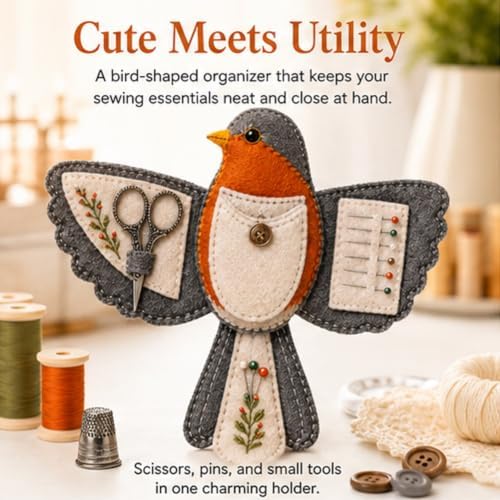 Bird-Shaped Felt Sewing Organizer DIY Kit, Handmade Needlepoint Embroidery Craft Set for Beginners Adults, Woodland Bird Design, Gift for Quilters, Charming Vintage Decor(Blue Jay) - Image 6