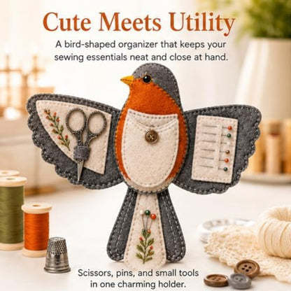 Bird-Shaped Felt Sewing Organizer DIY Kit, Handmade Needlepoint Embroidery Craft Set for Beginners Adults, Woodland Bird Design, Gift for Quilters, Charming Vintage Decor(Black-Capped Chickadee) - Image 6