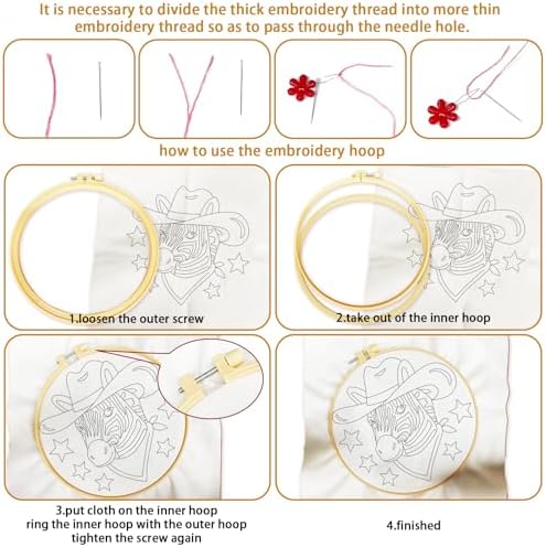 BEUNITONE 4 Set Embroidery Kit for Beginners, Animal Cowboy Patterns Cross Stitch Kits, Needlepoint Kits for Adults with Hoop, Cute Hand Embroidery Patterns for Cloth and Home Decor - Image 3