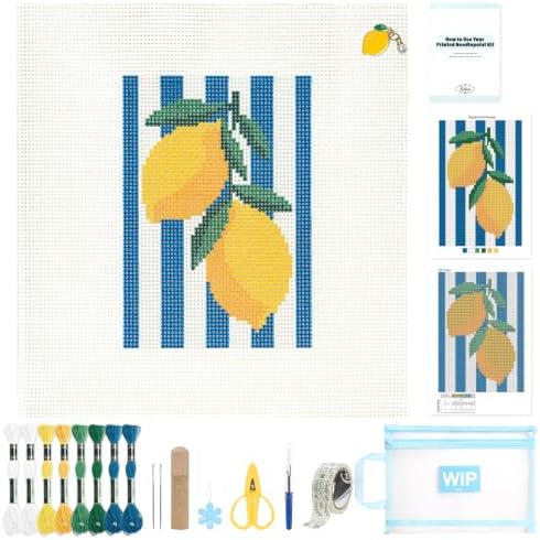Kaitiaki 13 mesh Needlepoint Canvas Kit, 8 in Painted Canvas Set with Embroidery Floss, Needles, Guide Card, Instruction, Threader, Scissors & Project Bag for Crafter Gift(Lemon) by Kaitiaki