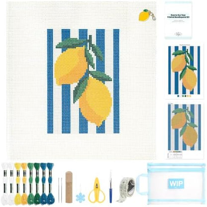 Kaitiaki 13 mesh Needlepoint Canvas Kit, 8 in Painted Canvas Set with Embroidery Floss, Needles, Guide Card, Instruction, Threader, Scissors & Project Bag for Crafter Gift(Lemon) by Kaitiaki