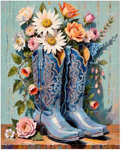 Western Paint by Numbers Kit for Adults - DIY Blue Cowboy Boots with Flowers Painting on Canvas 16x20 Inches, Acrylic Paint Set, Suitable for Beginners, Art for Home Decoration or Gifts， Unframed by Unknown