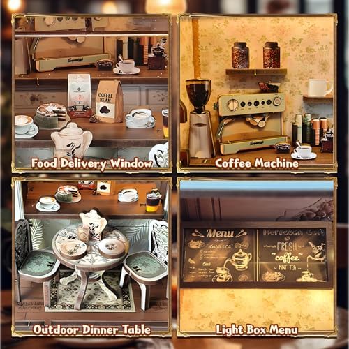 DIY Miniature House Kit, Coffee Shop Book Nook Kit, Mini Building Kit, Dollhouse Kit for Adults and Teens, 3D Wooden Puzzles with LED Light, Craft Kit for Family and Friends(Retro Coffee Shop) - Image 4