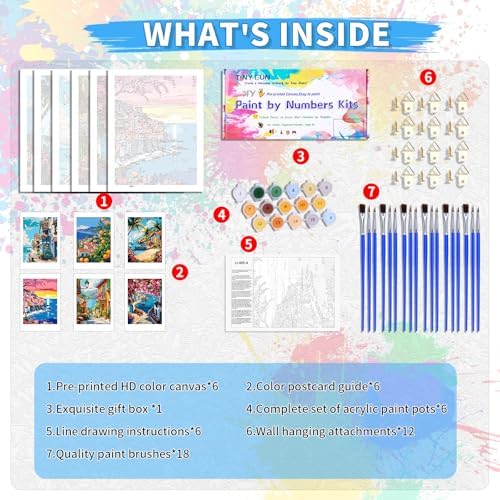 6 Pack DIY Paint by Number Kit for Adults - Mediterranean Coastal Scenery Oil Painting Set, 12x16 Inch Canvas (No Frame), 18 Vivid Acrylic Paints - Stress Relief Art Craft for Home Decor & Gifts - Image 3
