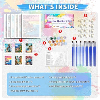 6 Pack DIY Paint by Number Kit for Adults - Mediterranean Coastal Scenery Oil Painting Set, 12x16 Inch Canvas (No Frame), 18 Vivid Acrylic Paints - Stress Relief Art Craft for Home Decor & Gifts - Image 3