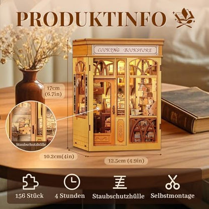 Cutefun Book Nook Kit - DIY Miniature Dollhouse Kit 3D Creative Decorative Bookend 3D Wooden Puzzle for Adults, Bookshelf Insert Library Decor with LED Light (Cooking Bookstore) - Image 3