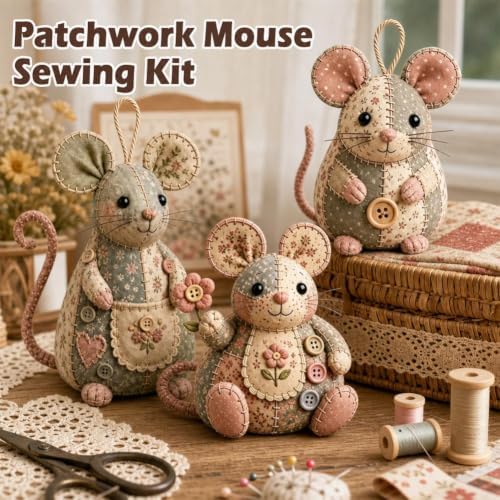 Patchwork Mouse DIY Kit,Handmade Sewing Craft Kit with Pre-Cut Fabric,Stuffing and Buttons,Creative Patchwork Animal Craft Project,Cute Mouse Ornament DIYKit,for Adults,Beginners,Gift for CraftLovers - Image 2