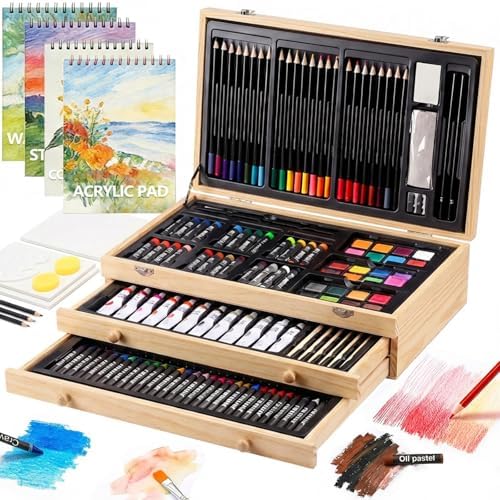 194 Piece Deluxe Art Set, Painting Drawing Art Supplies with 4 Drawing Pads, Acrylic Paints, Crayons, Colored Pencils Set in Wooden Case, Art Kit Gift Box for Kids, Teens, Adults, Artists, Beginners by TMOLARTSUPPLIES