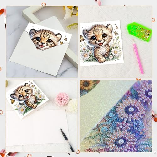 LazyFold 6 Pcs Diamond Art Painting Greeting Cards Kits, DIY Cute Leopard Handmade Festival Greeting Cards with Envelopes Diamond Art Crafts Birthday Cards Creative Gift - Image 4