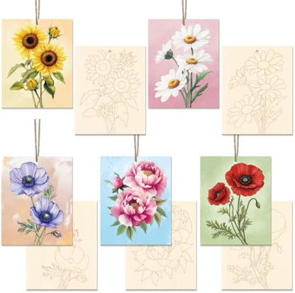 15 Pcs Unfinished Wood Crafts to Paint for Adults, 5.9x4.7 Inch Flowers Paintable Wood Slices Craft Supplies with Ropes, Bulk Predrilled Wooden Ornaments for DIY Painting Craft Decor by GLASSWINDS