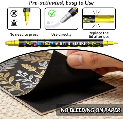 Betem 6 Gold&Silver Dual Tip Acrylic Paint Markers, Fabric Decorating Kits Premium Water-Based Acrylic Paint Pens Art Supplies for Fabric, Rock, Wood, Glass, Canvas, Ceramic, Teacher Appreciation Gift - Image 5