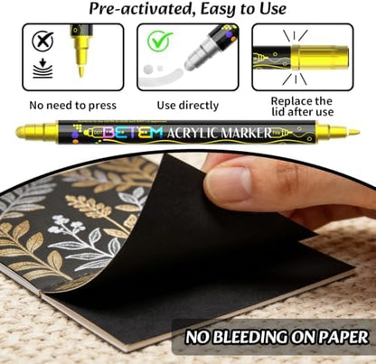 Betem 6 Gold&Silver Dual Tip Acrylic Paint Markers, Fabric Decorating Kits Premium Water-Based Acrylic Paint Pens Art Supplies for Fabric, Rock, Wood, Glass, Canvas, Ceramic, Teacher Appreciation Gift - Image 5