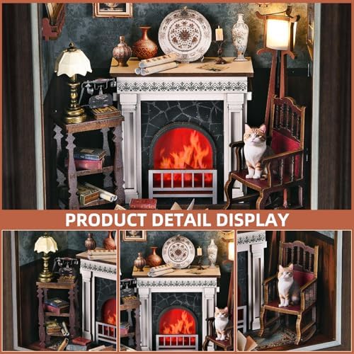 Book Nook Kit - 3D Wooden Puzzle with LED Switch Control & Wall-Mountable Frame,DIY Miniature House for Beginners,Bookshelf/Tabletop/Wall Decor for Craft Lovers,Dollhouse Gift,Fireplace - Image 3