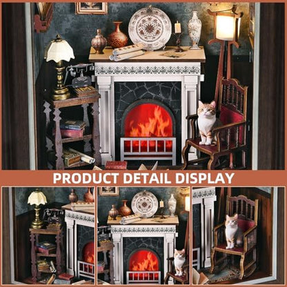 Book Nook Kit - 3D Wooden Puzzle with LED Switch Control & Wall-Mountable Frame,DIY Miniature House for Beginners,Bookshelf/Tabletop/Wall Decor for Craft Lovers,Dollhouse Gift,Fireplace - Image 3