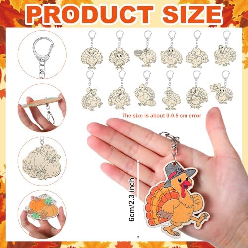 Trnayi 36 Pcs Thanksgiving Turkey Wood Keychain DIY Craft - Image 2