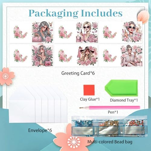 antor 6 Pack 5D Diamond Painting Greeting Cards, Elegant Woman with Floral Design DIY Diamond Art Cards with Envelopes, Handmade Rhinestone Birthday Wedding Thank You Cards for Adults - Image 3