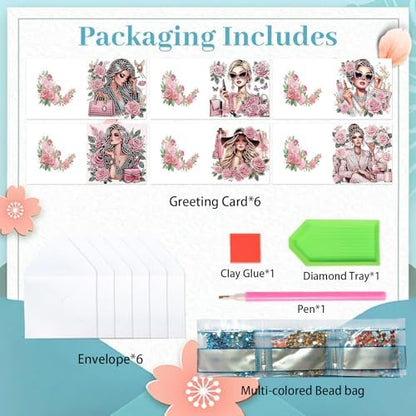 antor 6 Pack 5D Diamond Painting Greeting Cards, Elegant Woman with Floral Design DIY Diamond Art Cards with Envelopes, Handmade Rhinestone Birthday Wedding Thank You Cards for Adults - Image 3