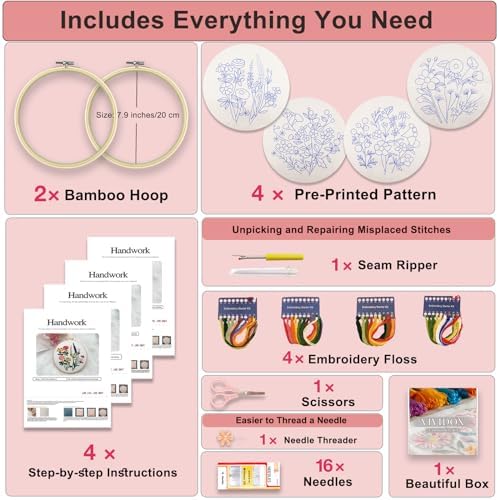 VIVIDOX 4 Sets Embroidery Kit for Beginners with Stitch Video, Flower Cross Stitch Kits for Adults, Starter, Hand Craft Lover Practice with Floral Stamped Pattern, 2 Hoops, 16 Needles, Scissors, Tools - Image 2