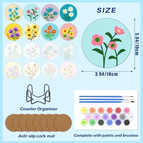 8 Pack Floral Paint by Numbers Kits Coasters with Holder Cork Pads - Image 2