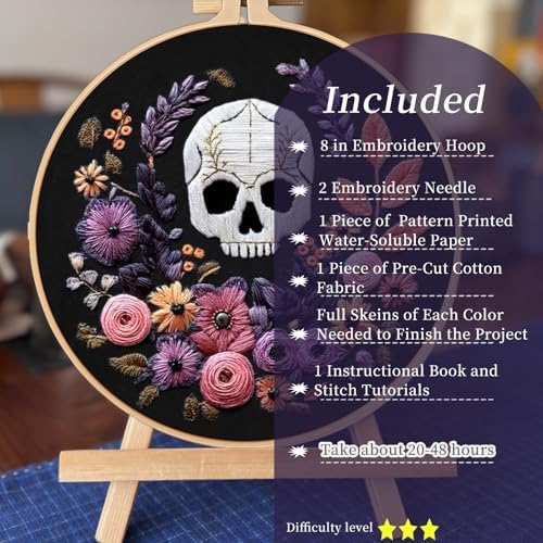FONNUY Halloween Embroidery Kits for Beginners,Skull Pumpkin Spider Web Floral Stamped Cross Stitch Kit for Adults, Spooky Season Boho Wall Decor, 8'' Hoop (Skull 3) - Image 2