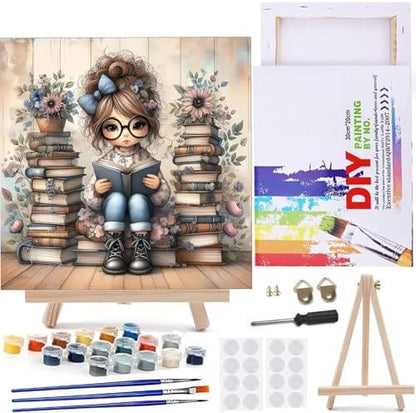 MaiMMaledy Paint by Numbers Kit for Adults Beginners with Framed Canvas Pictures Drawing Painting Acrylic Pigment with Wooden Triangle Easel 10Lx10W inch Reading Girl by MaiMMaledy