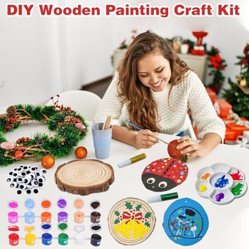 Natural Wood Slices for Crafts, 20 Pcs 3-4 Inch Unfinished Wooden Circles with DIY Painting Kit, Christmas Stencils, Wood Ornaments for Holiday Decor, Wedding, Adult Crafting & Art Projects - Image 4