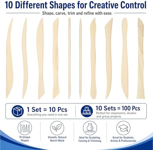 Ferrochef 10 Set 100 Pcs Clay Tools, Beech Sculpting Tools, Classic Style - Image 3