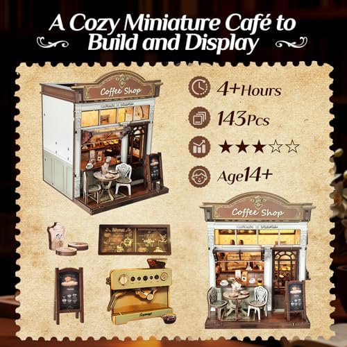 Book Nook Kit, DIY Miniature House Kit for Adults & Teens, Cozy Coffee Shop Scene Bookshelf Insert Decor with LED, 3D Wooden Puzzle Gift for Book Lovers (Coffee Shop) - Image 4