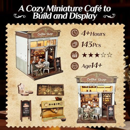 Book Nook Kit, DIY Miniature House Kit for Adults & Teens, Cozy Coffee Shop Scene Bookshelf Insert Decor with LED, 3D Wooden Puzzle Gift for Book Lovers (Coffee Shop) - Image 4