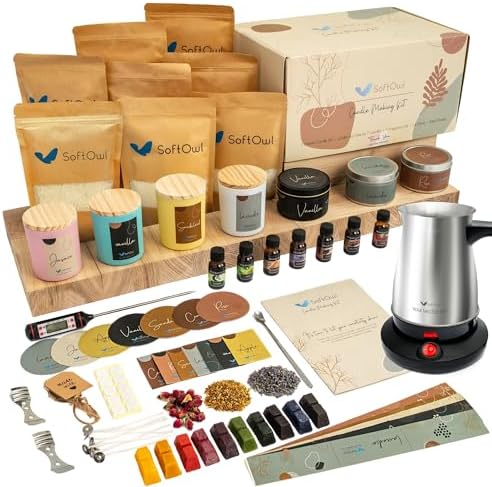 SoftOwl Premium Soy Candle Making Kit with Electric Melter - Soy Wax, Big 7oz Jars & Tins, 7 Pleasant Scents, Color Dyes & More - Perfect as Home Decorations - DIY Starter Scented Candles Making Kit by SoftOwl
