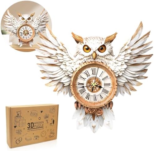 3D Puzzles for Adults Wooden Snowy Owl Clock Puzzle Adult Crafts by Cutywood