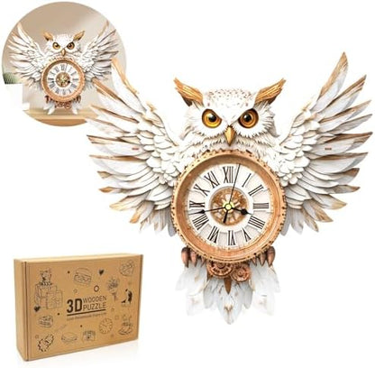 3D Puzzles for Adults Wooden Snowy Owl Clock Puzzle Adult Crafts by Cutywood