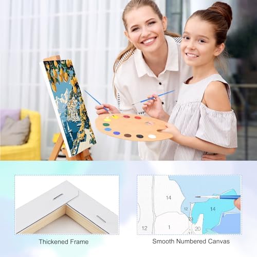 TOSTOG Lemon Tree Town Framed Canvas Paint by Numbers Art Kit for Adults and Kids, Beginner Acrylic Oil Painting Supplies with Wooden Frame for Home Wall Decor 20 * 30 cm/8 * 11.8 in - Image 3