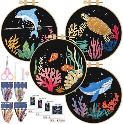 ERKOON 4 Set Embroidery Kit for Beginners, Cross Stitch Set Include Embroidery Cloth Hoops Threads for Craft Lover Hand Stitch with Embroidery Skill Techniques (Marine Animals) by ERKOON