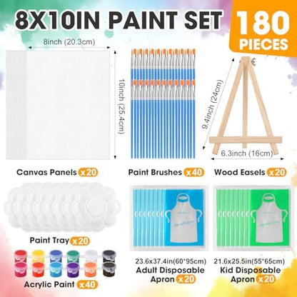 ESRICH 20 Pack 8x10 Canvas and Easel Set, Mini Acrylic Paint, Paint Brushes, Palettes, Aprons, Sip and Paint Kits for Adults Couples Friends Date Night Painting Party Supplies - Image 2